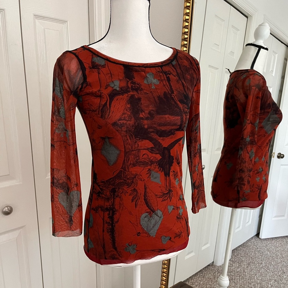 Sheer Red Graphic Long-Sleeve Women's Top - Picture 2 of 11